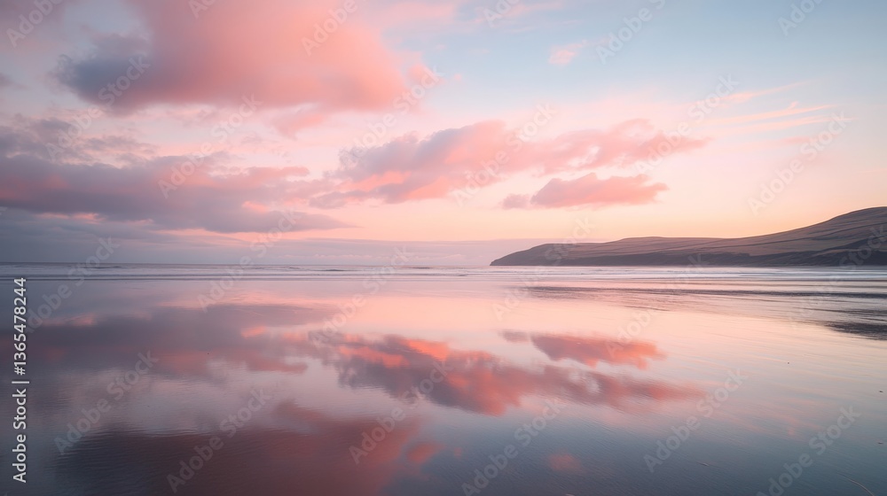 Obraz premium Serene pink sunset over tranquil ocean with cloud reflections near coastal hills