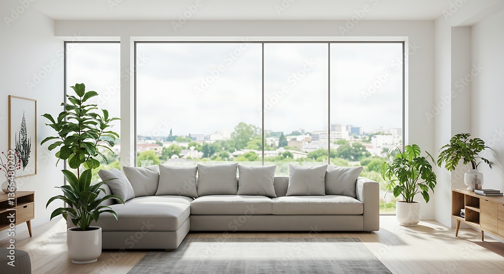 Stylish Living Room Interior Design with Light Grey Sectional Sofa and Panoramic City Views Stylish Living Room Interior Design with Light Grey Sectional Sofa and Panoramic City Views