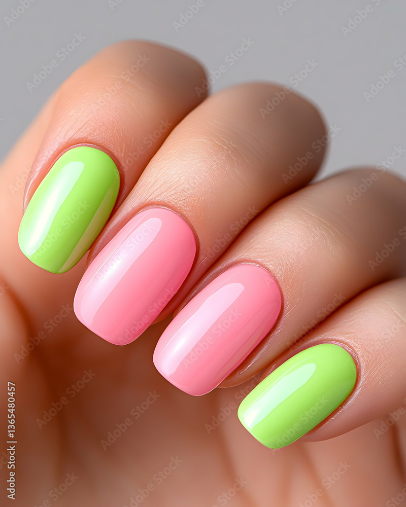 Close-up of a hand with pastel pink and lime green nails Close-up of a hand with pastel pink and lime green nails