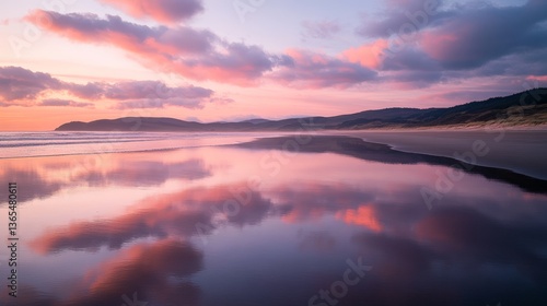 Fototapeta Naklejka Na Ścianę i Meble -  Serene sunset over pristine beach with reflective waters and pink clouds