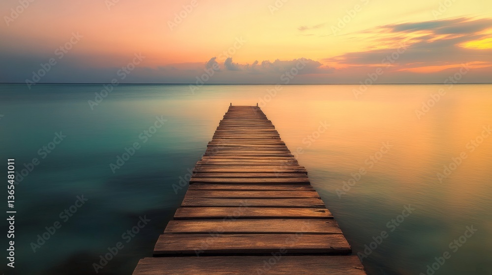 Obraz premium Serene sunset over tranquil wooden pier extending into calm sea horizon