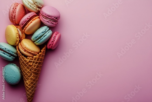 Colorful Macarons Arranged in a Cone on a Pink Background During a Dessert Di...