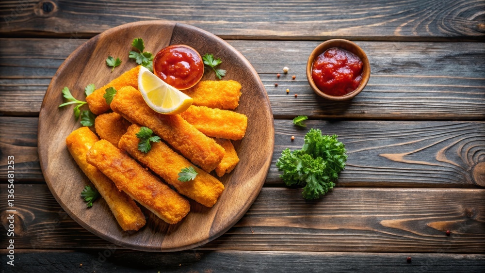 Crispy fish sticks with ketchup and fresh lemon on rustic wooden plate, casual snack concept Crispy fish sticks with ketchup and fresh lemon on rustic wooden plate, casual snack concept