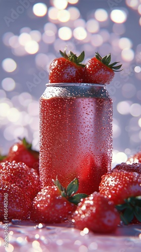 Refreshing Strawberry Drink Surrounded by Fresh Strawberries in a Sparkling O...