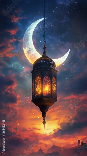 Lantern Glowing Under Crescent Moon in a Tranquil Evening Sky