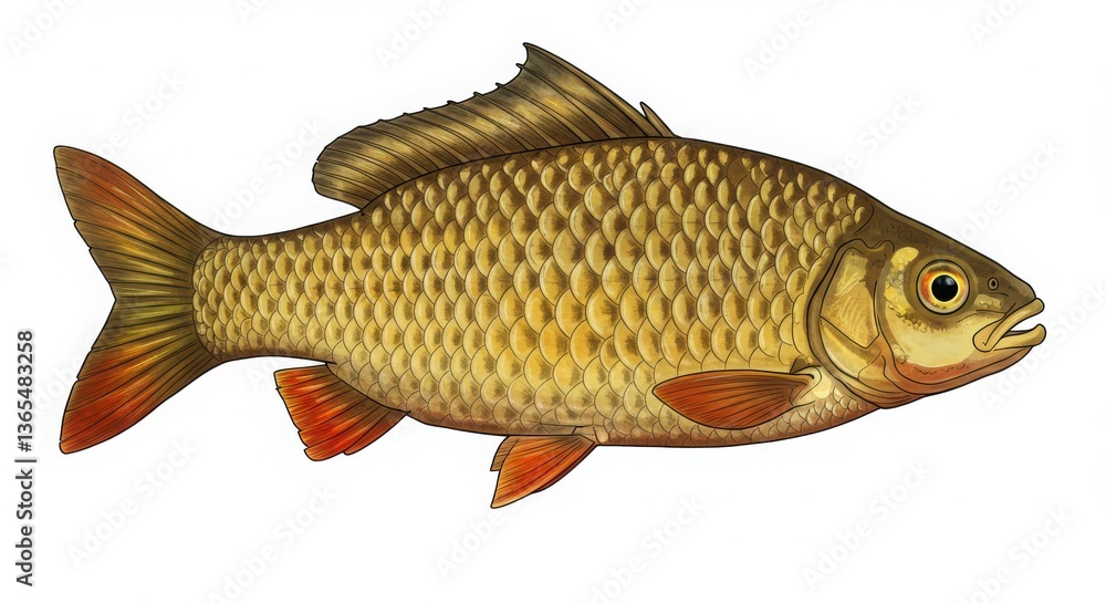 A detailed illustration of a common carp, showcasing its golden scales and vibrant orange fins against a stark white background. A detailed illustration of a common carp, showcasing its golden scales and vibrant orange fins against a stark white background.