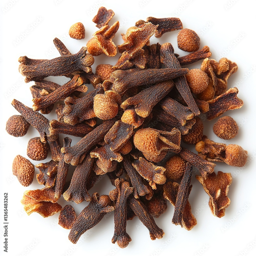 Dried cloves and spice buds scattered against a white background Dried cloves and spice buds scattered against a white background