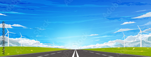 Sky Blue,Cloud Background,Spring landscape green field with windmill, asphalt highway through mountain,Vector Summer Clear Sky over rural wind turbines installed as renewable station on grass land