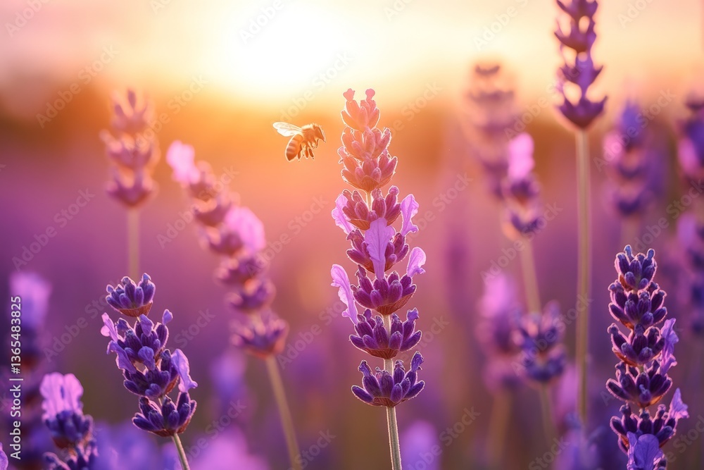 Obraz premium Sunset over lavender field with honeybee amidst blossoms