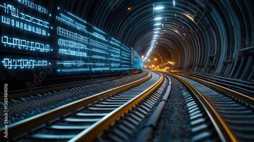 A vibrant blue tunnel filled with patterns shows rapid data exchange in a digital world entwined with nature