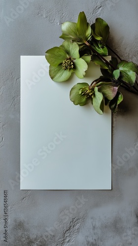 Beautiful Arrangement of Green Flowers Beside a Blank Card on a Textured Gray...