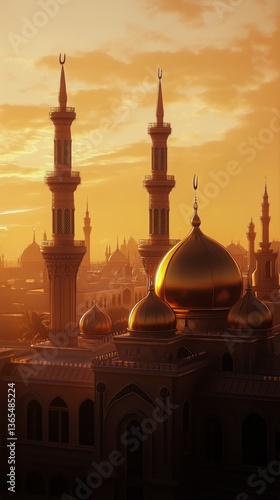 Majestic Skyline at Sunset Showcasing Domes and Minarets in a Historical City