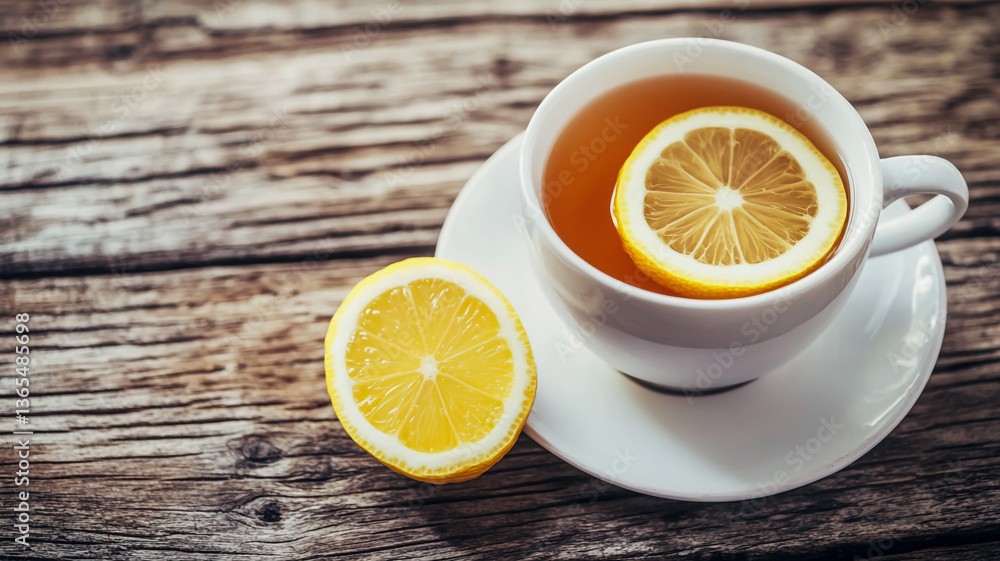Warm Cup of Tea with Fresh Lemon Slice on a Rustic Wooden Table – A Refreshing Morning Drink for a Healthy Lifestyle Warm Cup of Tea with Fresh Lemon Slice on a Rustic Wooden Table – A Refreshing Morning Drink for a Healthy Lifestyle