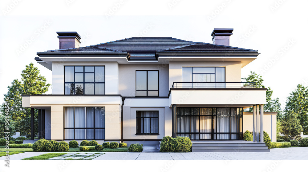 Fototapeta premium Modern two story house with large windows and lush greenery