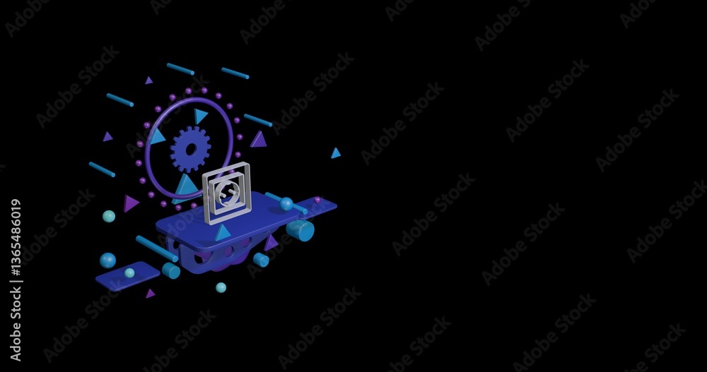 Obraz premium White power socket symbol on a pedestal of abstract geometric shapes floating in the air. Abstract concept art with flying shapes on the left. 3d illustration on black background