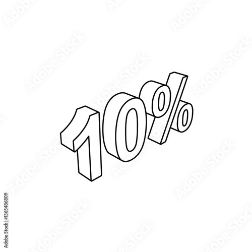 The outline of a large 10 percent symbol is made with black lines. 3D view of the object in perspective. Vector illustration on white background