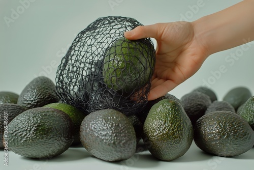 Hand Selecting Fresh Avocados From a Netted Bag on a Simple Background