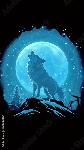 Majestic Wolf Howls Under a Full Moon in a Tranquil Forest Setting at Night