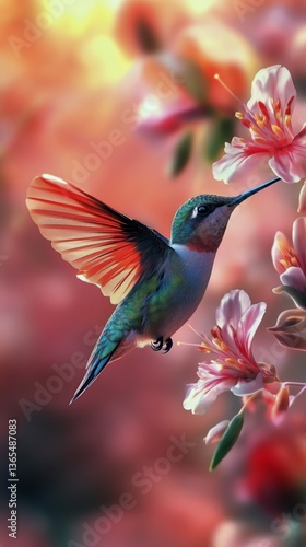 Colorful Hummingbird Hovering Near Vibrant Flowers in a Serene Garden During ...