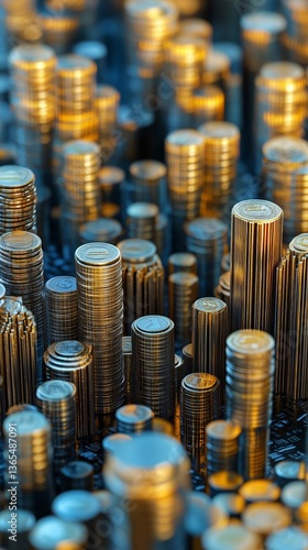 Money Landscape Featuring Towering Coins Resembling Urban Skyline at Sunset