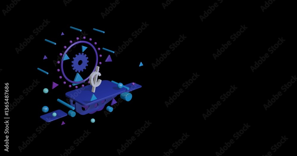 Obraz premium White cent symbol on a pedestal of abstract geometric shapes floating in the air. Abstract concept art with flying shapes on the left. 3d illustration on black background