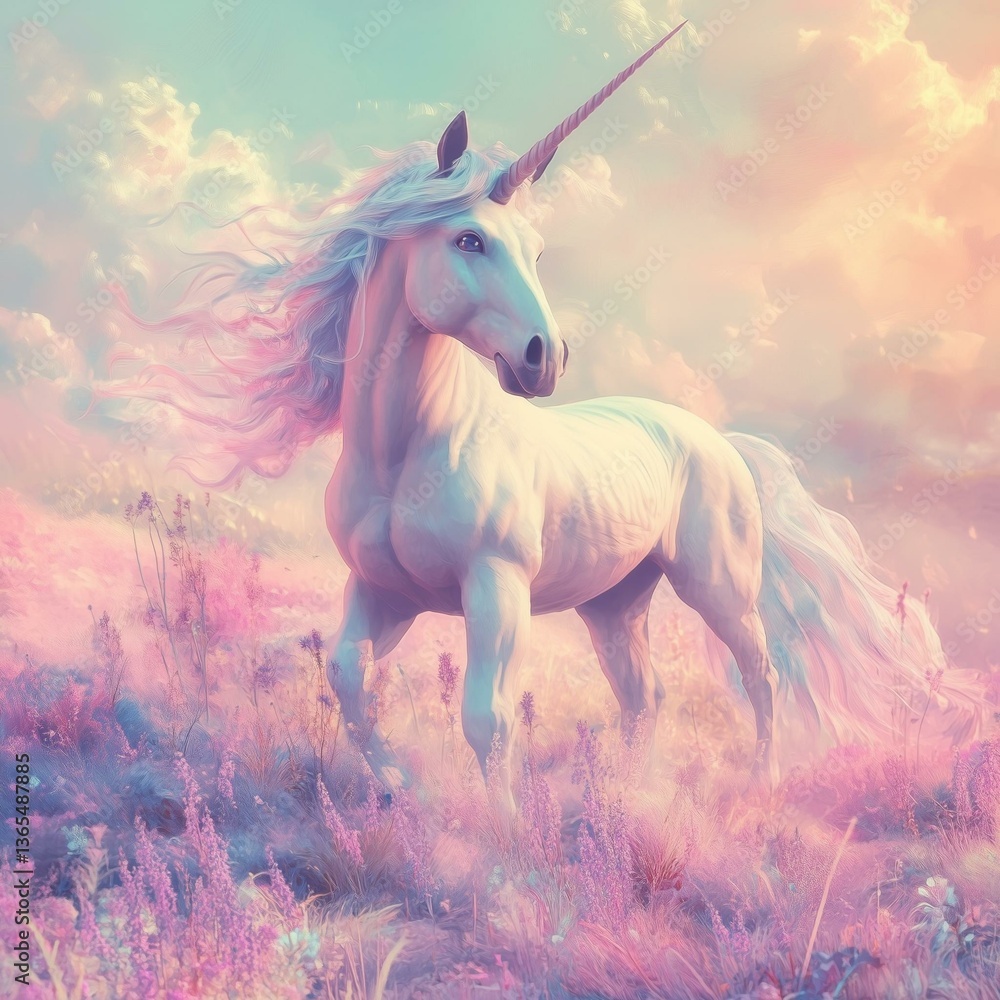 Fototapeta premium Dreamy Pastel Unicorn in an Enchanted Fantasy Meadow | Fantasy Pastel Art & Ethereal Mythological Creature