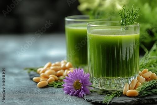 Refreshing Green Juice Served in Glasses Garnished With Herbs and Nuts in a B...