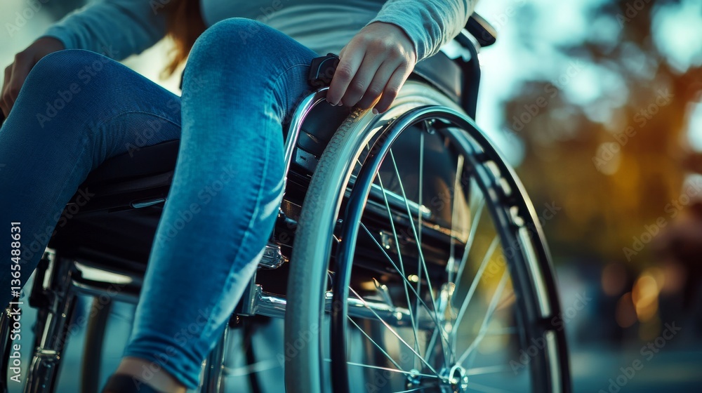 Obraz premium Determined woman navigating a wheelchair ramp in a modern urban environment with a confident expression