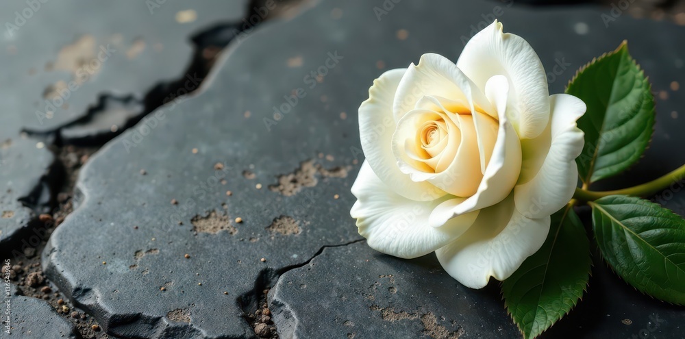 Fototapeta premium Delicate white rose against rough stone Ample copy space , wall, vintage