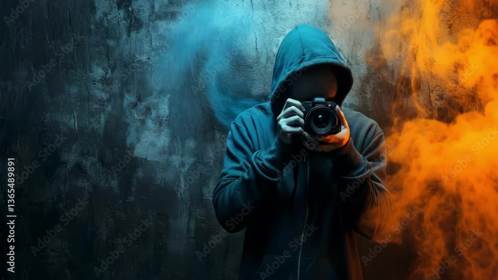 A mysterious figure in a hooded sweatshirt holds a camera, surrounded by vibrant blue and orange smoke in an urban space. The atmosphere evokes intrigue and artistic expression. A mysterious figure in a hooded sweatshirt holds a camera, surrounded by vibrant blue and orange smoke in an urban space. The atmosphere evokes intrigue and artistic expression.