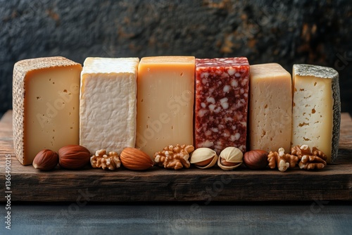 Gourmet Cheese Selection With Nuts Arranged on a Wooden Board in a Cozy Kitch...