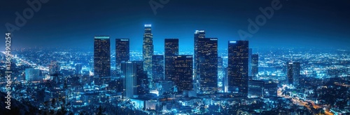 Nighttime skyline of Los Angeles illuminated by city lights, showcasing urban architecture and vibrancy