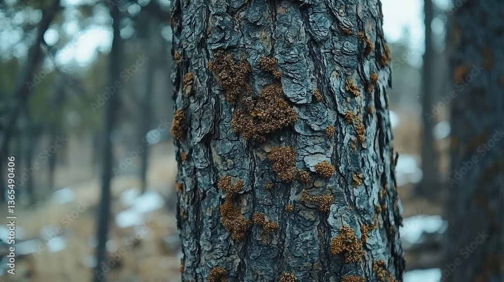 Fototapeta premium close up of evergreen tree bark showcasing textured patterns and patches of moss, creating serene and natural atmosphere in forest setting