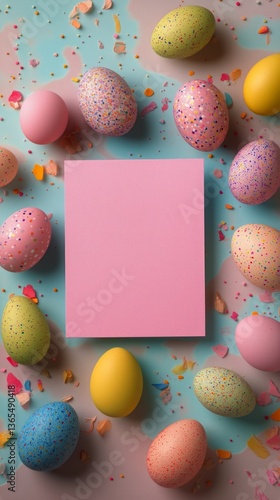 Colorful Easter Eggs Arranged Around a Blank Pink Note on a Pastel Background