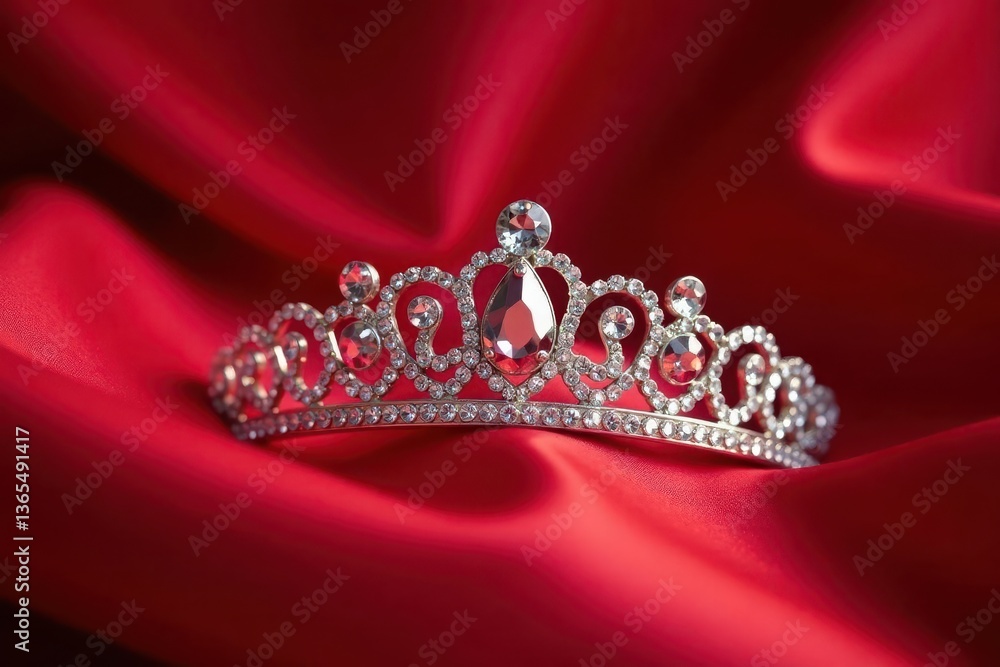 Sparkling tiara rests on rich red silk, luxurious folds , still life, fabric, headpiece Sparkling tiara rests on rich red silk, luxurious folds , still life, fabric, headpiece