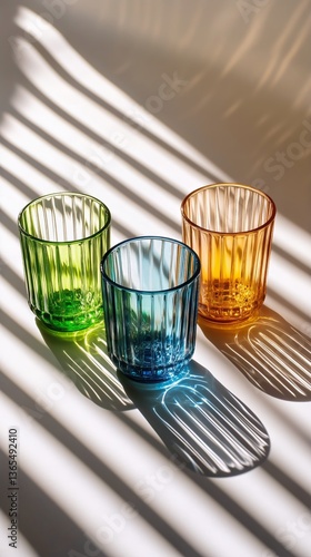 Colorful Glass Cups Casting Shadows on a Surface During Daylight