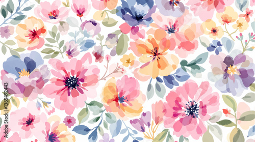 Watercolor floral seamless pattern with hand-painted blush pink flowers and green leaves on white background. Botanical print.	