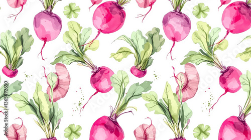 Watercolor pattern beet white background, Seamless watercolor beet and leafy green vegetable pattern on white background, ideal for organic food and kitchen themed designs.	