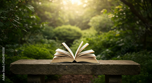 Open Book On Stone Bench In Garden