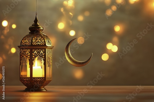 Tower of a Beautiful Mosque Illuminated at Dusk With a Crescent Moon in the Sky
