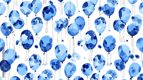 Watercolor Blue balloons on a white background. Seamless pattern	
