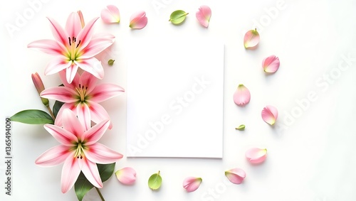 Pink lilies, blank white card, soft white background