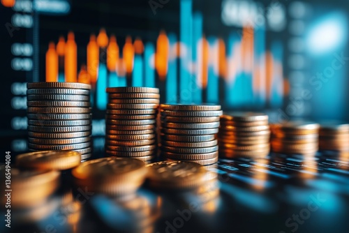 Stacks of Coins Positioned in Front of Financial Market Graphs During Trading...