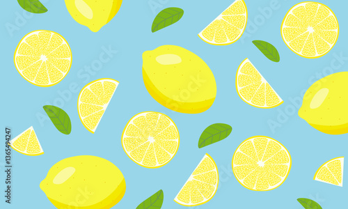 Fresh green lemon fruit with leaves, lemons slices and cut lemon. Organic fruits for lemonade juice or vitamin C healthy food. Vector illustration on blue background. Top view
