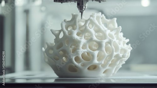 3D printer creating intricate white organic sculpture.