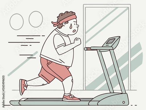 Overweight young man jogging on treadmill at gym, sweating with effort. Fitness motivation concept showing weight loss journey. Modern vector illustration isolated on white background.