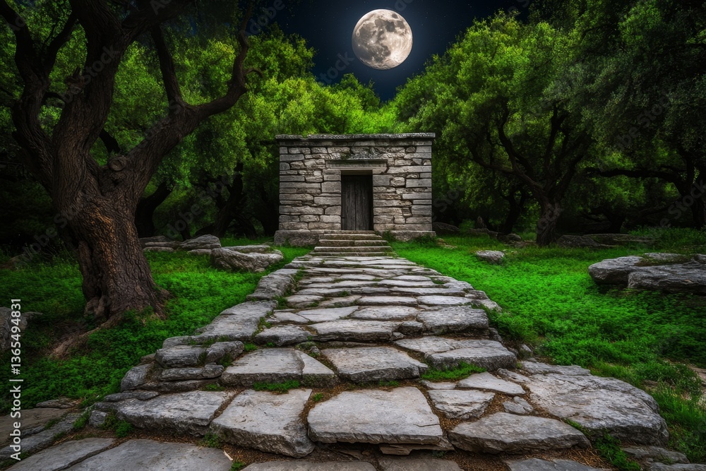 A mysterious Thassos night scene, featuring a full moon casting shadows over an abandoned Greek village A mysterious Thassos night scene, featuring a full moon casting shadows over an abandoned Greek village