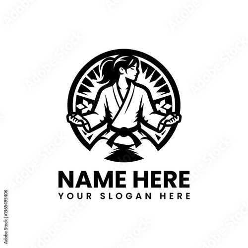 Monochrome martial arts woman illustration. Zen fitness art