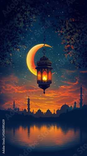 Lantern Glowing Under Crescent Moon in a Tranquil Evening Sky