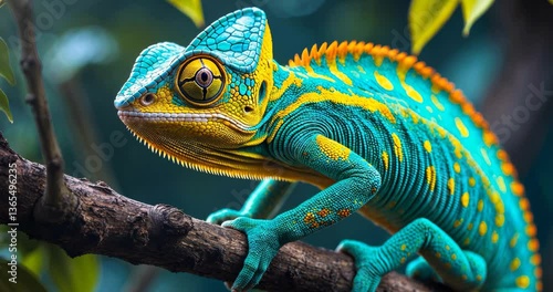 Vibrant chameleon in the wild. Colorful chameleon ascending a tree.